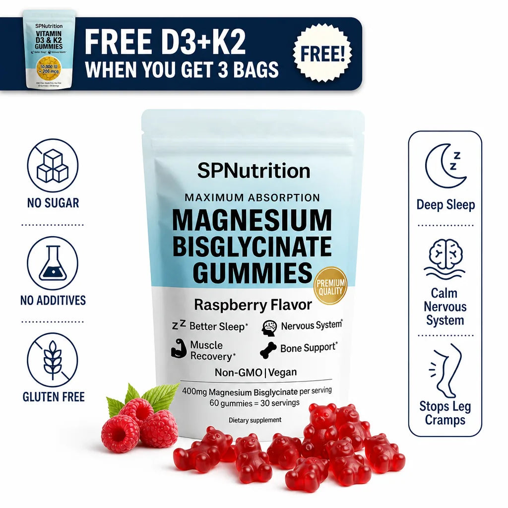 SP Nutrition Magnesium Bisglycinate Gummies packaging with gummies and raspberries on a white background