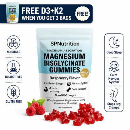 SP Nutrition Magnesium Bisglycinate Gummies packaging with gummies and raspberries on a white background